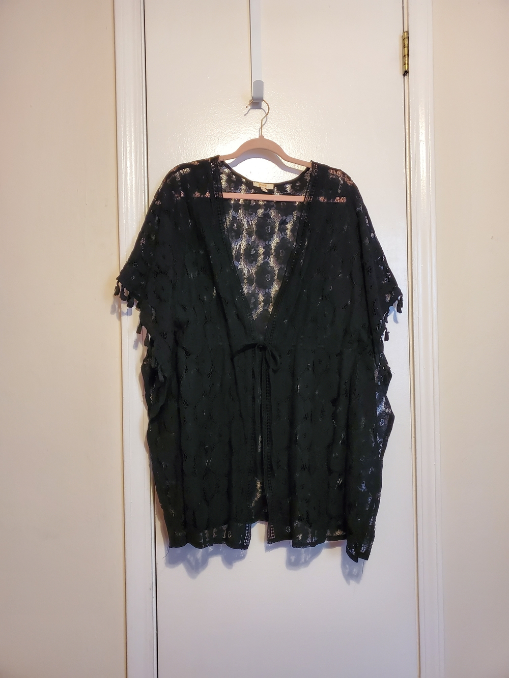 Black Lace Kimono Tunic with Tie-Front